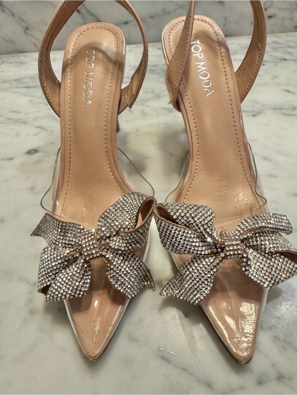 Moda Nude Pointed Toe Slingback Heels with Rhinestone Bow